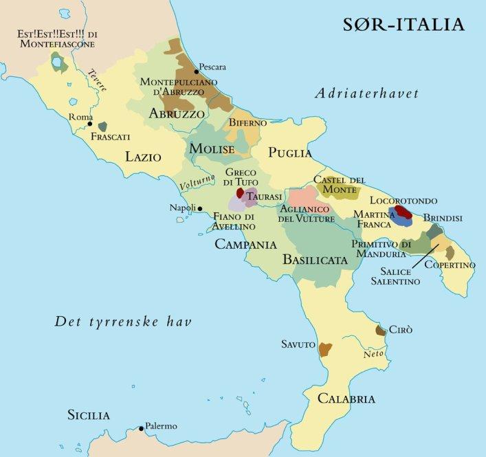Kart over Sør-Italia. Illustrasjon.