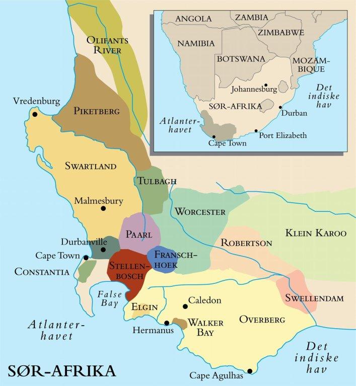 Kart som viser vinområdene i Sør-Afrika.