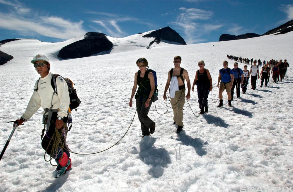 Foto av en brefører som leder ei gruppe mennesker over isen.