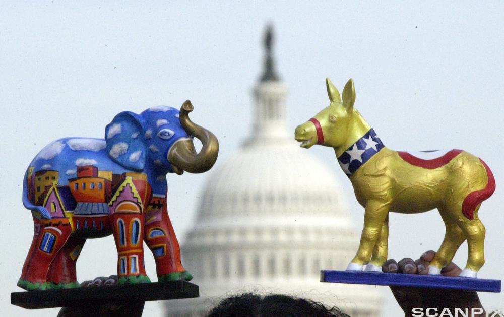 Photo: We see a toy elephant and a toy donkey with the Capitol building in the background. The animals are symbols of the political parties in the United States.  