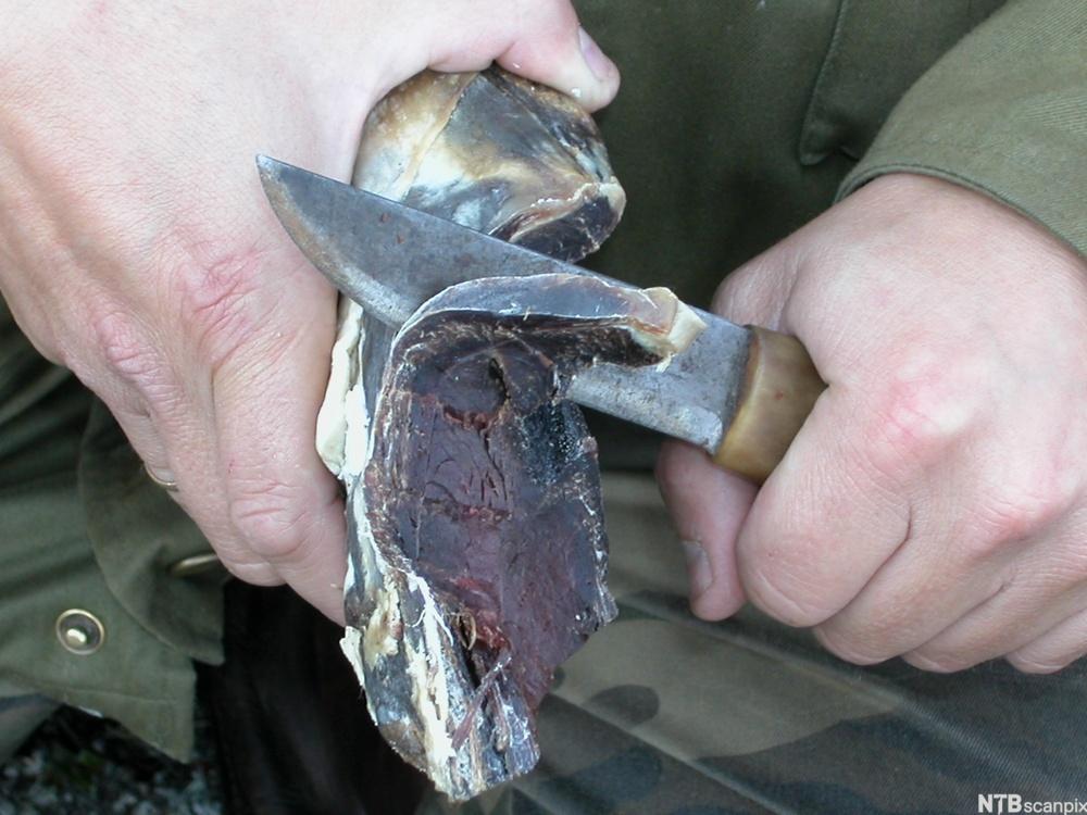 Nærbilde av kjøtt som blir skåret med kniv. Foto.
