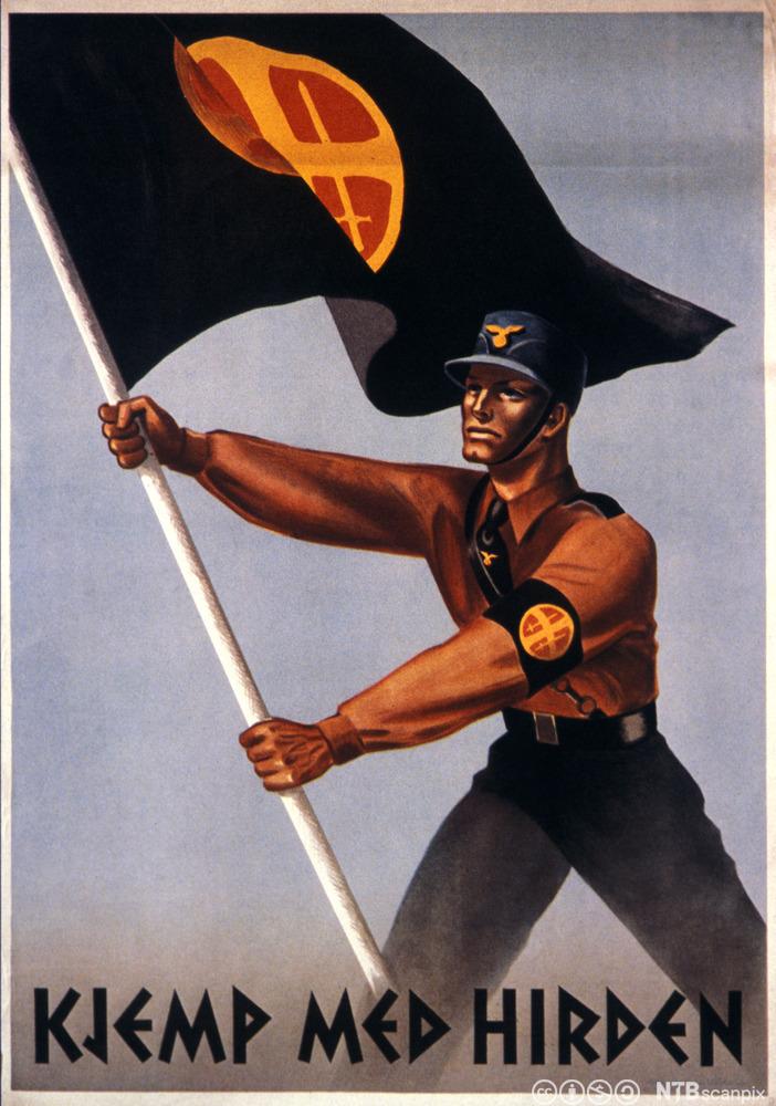 Plakat frå Nasjonal Samling som reklamerer for at menn skal verve seg til hirden. Det viser en tegning av en ung mann med skyggelue, armbind og flagg med Hirdens symbol. 