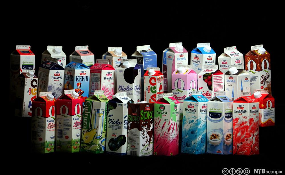 28 ulike norskproduserte mjølkevariantar med redusert laktoseinnhald. Foto.