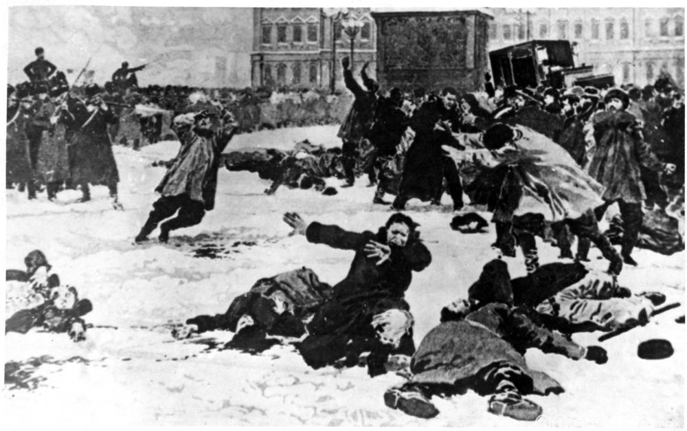 Soldater skyter inn i folkemassen på den blodige søndagen utenfor Vinterpalasset i St. Petersburg i 1905. Maleri