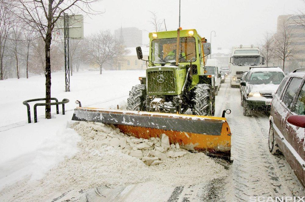 En traktor brøyter snø på en vei i tett snøvær. Det er bilkø både ved siden av og bak traktoren. Foto.