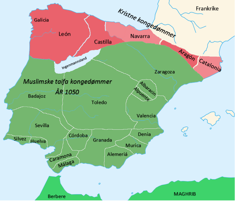 Kart over Al-Andalus under Taifa-kongedømmene omkring 1050