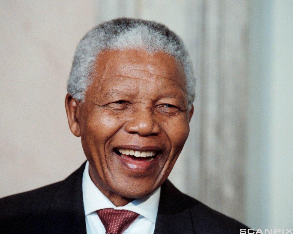 Photo: Portrait of Nelson Mandela. We see an older, grey-haired Black man wearing a formal suit and tie. He is smiling. 