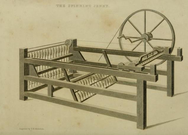 Spinnemaskinen Spinning Jenny. Den har et stort hjul som driver tråden rundt. Illustrasjon. 