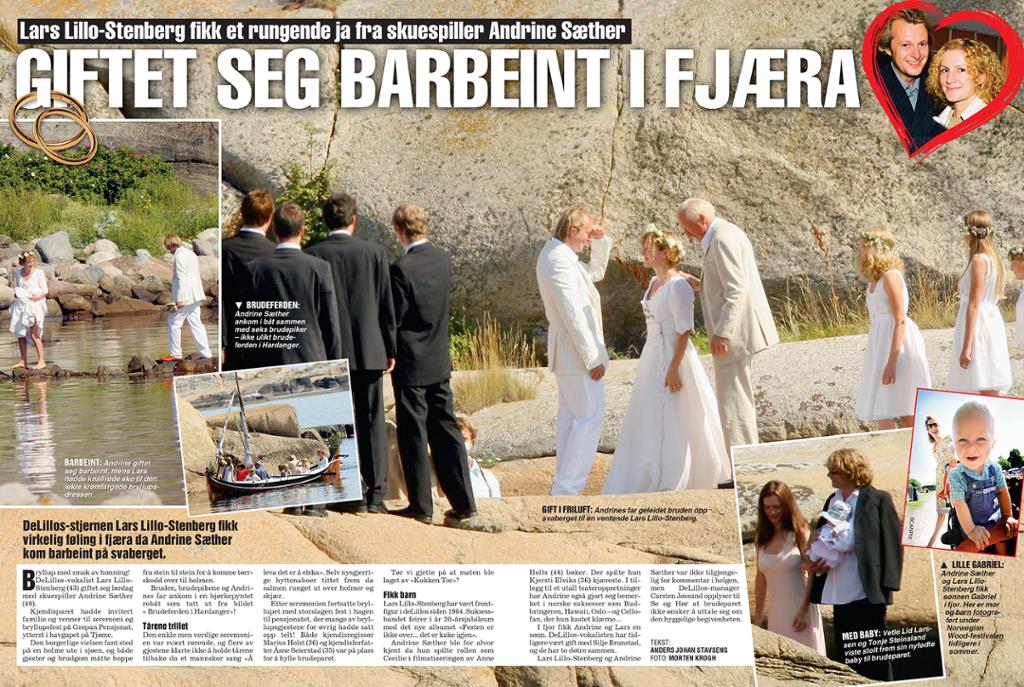Ukebladoppslag med bilder av deltakere i et bryllup, tittel og tekst. Faksimile.