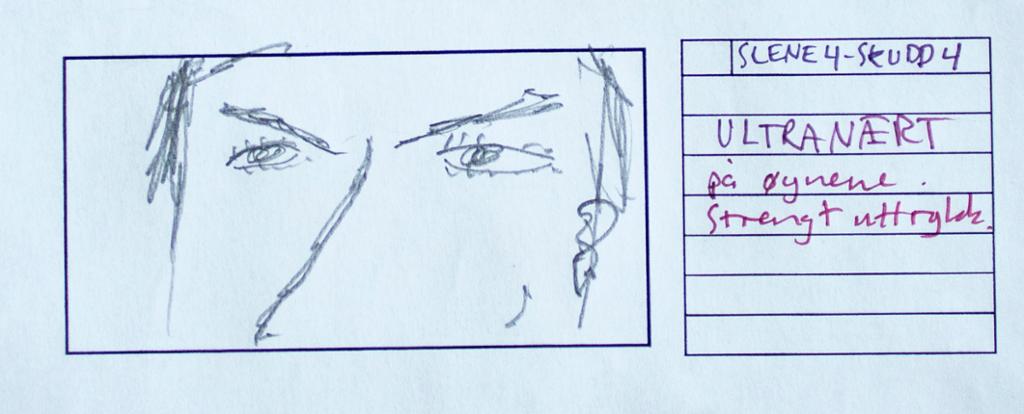 Rute i storyboard. Til venstre, øynene til en person. Til høyre, detaljer om opptak av scenen. Illustrasjon.