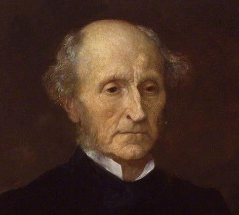 Måla portrett av Mill som eldre, alvorleg mann, kledd i svart med kvit skjorte under.