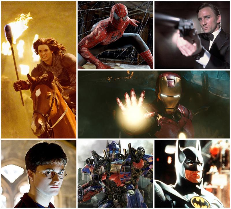 Stillbilder som viser forskjellige filmkarakterer: prins Caspian, Spiderman, James Bond, Ironman, Harry Potter, Optimus Prime og Batman. Kollasj.