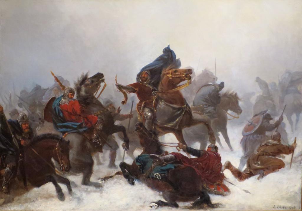 Flere menn på hest kjemper med spyd og skjold i et vinterlandskap. Maleri.