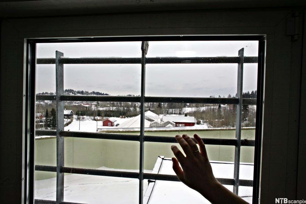 Hand som blir trykt mot eit vindu med gitter på utsida. Foto.