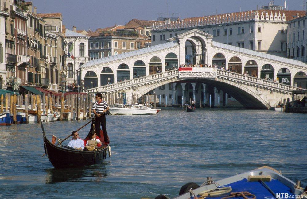Bilde fra Venezia. Vi ser en gondol med en tradisjonelt kledd gondolfører og to turister om bord. I bakgrunnen ses en vakker, hvit bro og store bygninger. Foto.