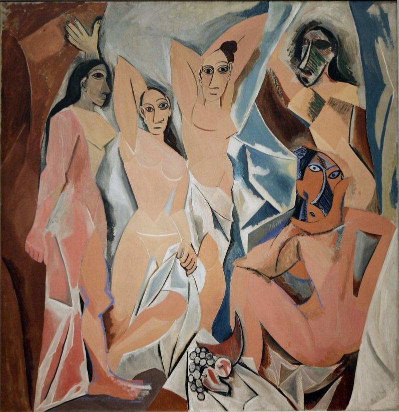Fem kvinner malt i kubistisk stil. Illustrasjon.