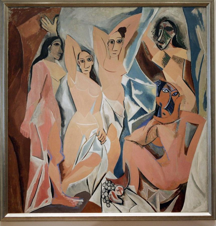 Fire kvinner framstilt i kubistisk stil. Måleri.