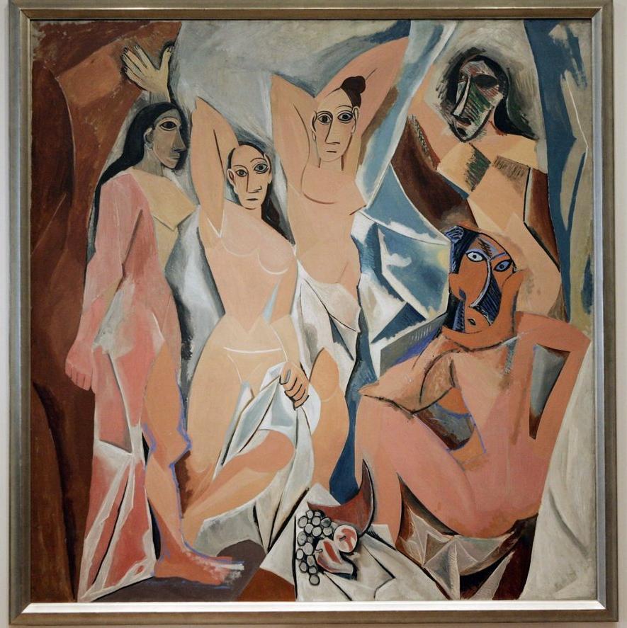 Fire kvinner framstilt i kubistisk stil. Maleri.