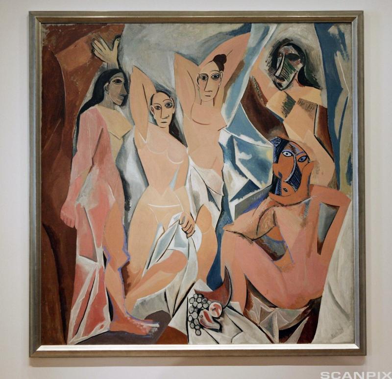 Fem kvinner framstilt i kubistisk stil. De har lite klær, firkanta former og store øyne. Maleri.