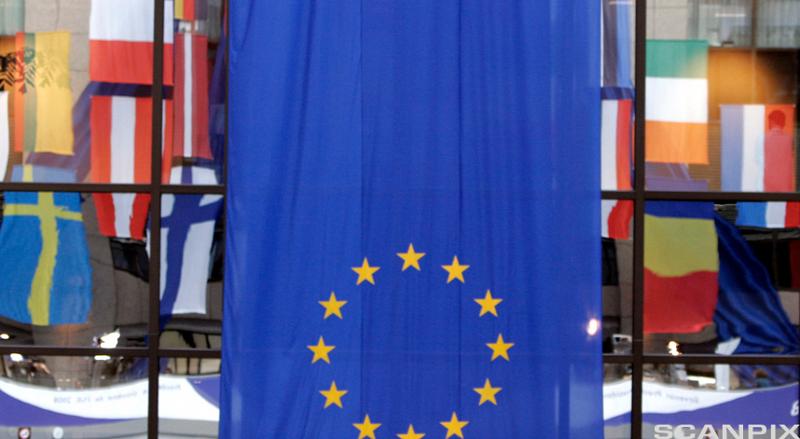 EU-flagget foran medlemslandenes nasjonalflagg i Brüssel. Foto.