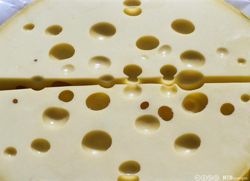 Nærbilde av en ost med hull. Foto.