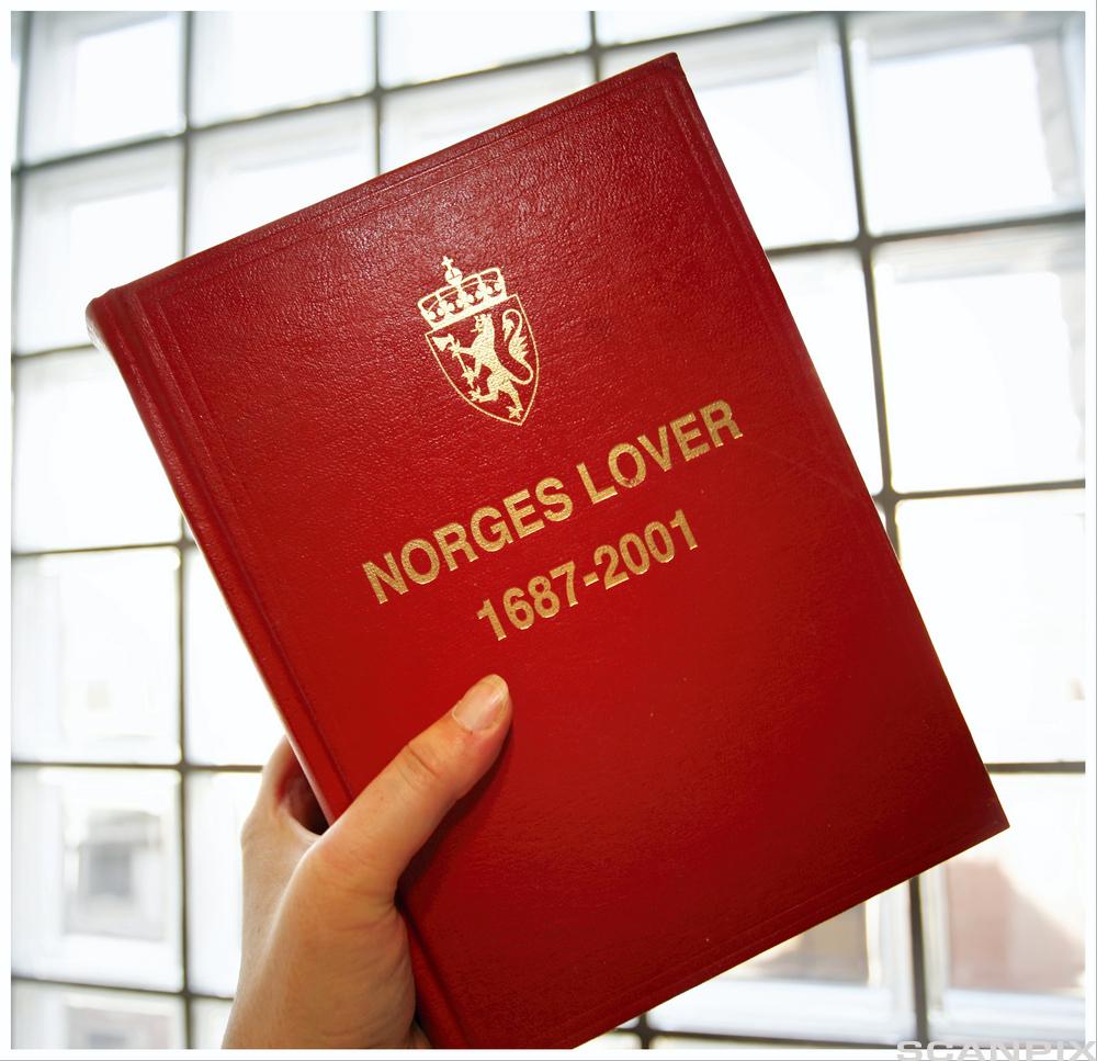 Hånd holder opp ei bok med Norges lover. Foto.