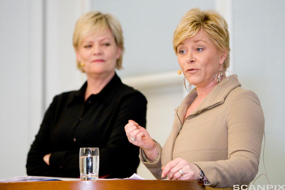 Kristin Halvorsen og Siv Jensen i debatt. Foto.