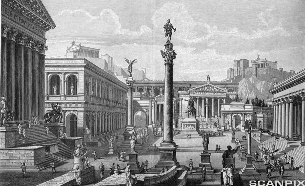 Grafikk som viser rekonstruksjon av Forum Romanum. Illustrasjon.