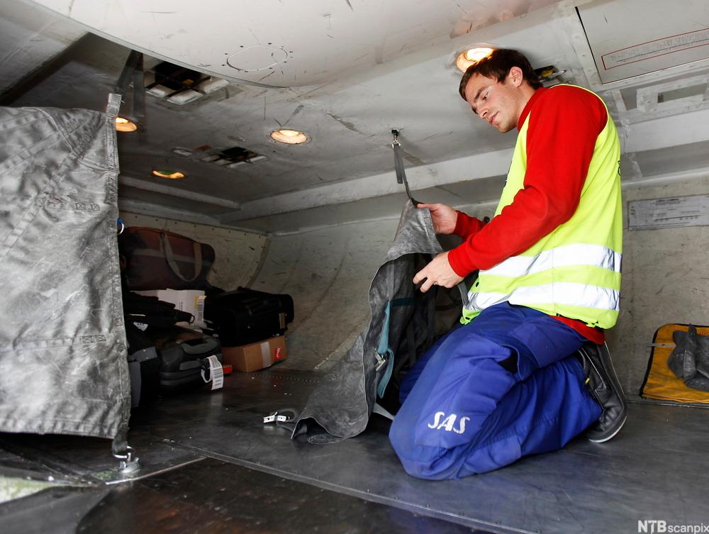 En stuer sikrer gods i lasterommet på et fly. Foto.