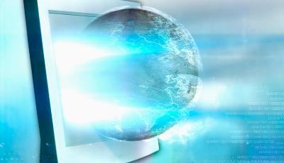 Jordklode med blått nett av leidningar kjem ut gjennom ein PC-skjerm. Illustrasjon
