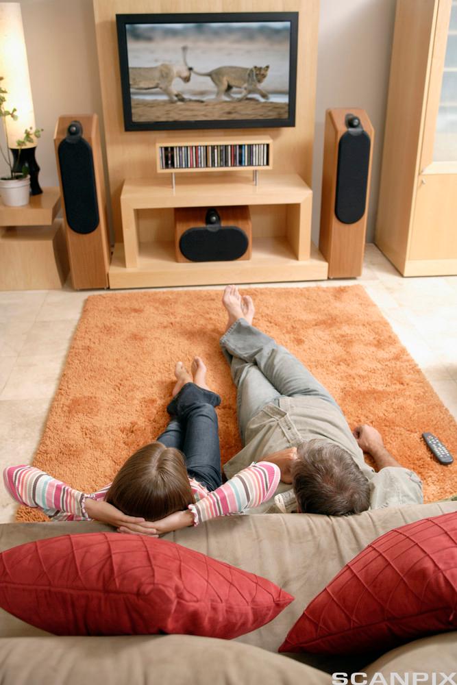 To bein på et teppe foran en tv med høyttalere under og på sidene. Foto.