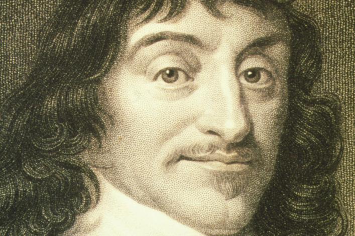 Portrett av Rene Descartes: Mann med langt, krølla hår og bart. Illustrasjon.