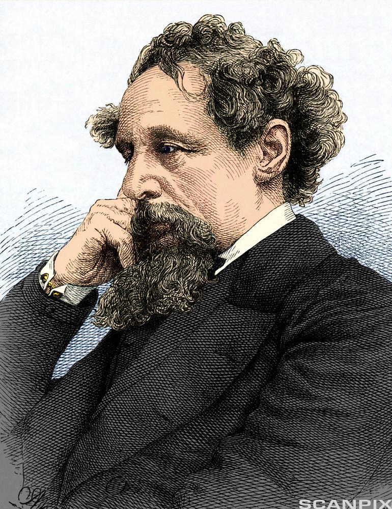 Et portrett av Charles Dickens. Illustrasjon.