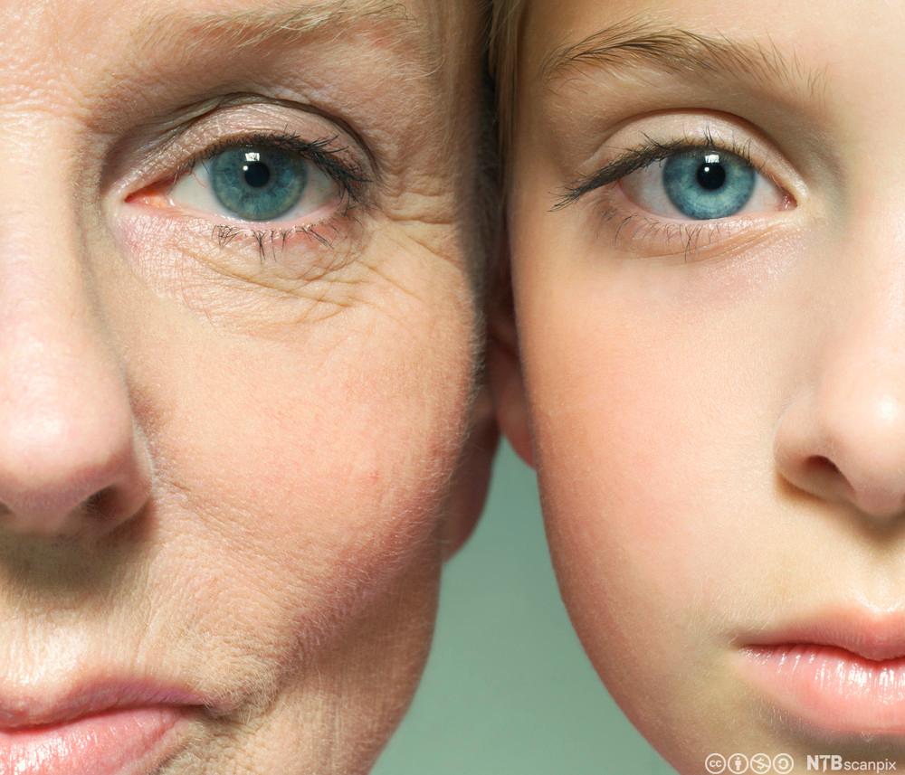 Utsnitt av ansiktene til en eldre kvinne og en ung jente. Begge er lyse i huden og har blå øyne. Foto.