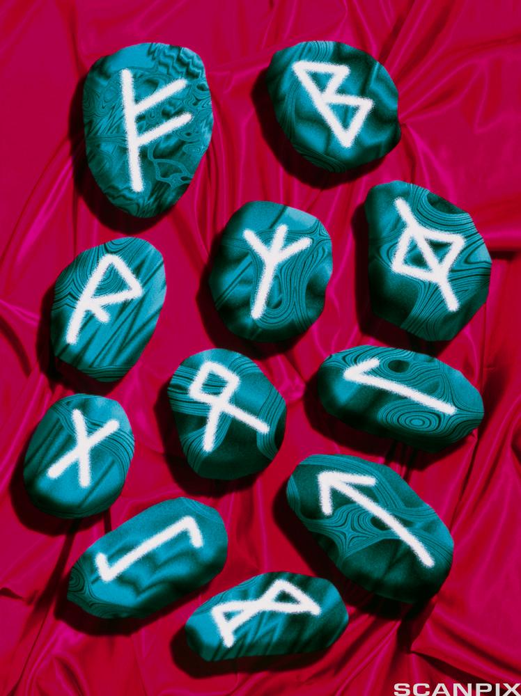 Computer artwork of pebbles marked with runes.