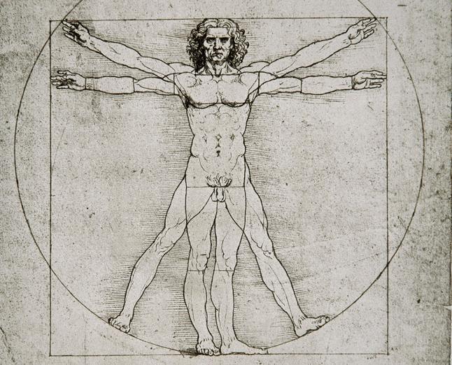 Teikning av naken mann i to posisjonar i ein sirkel og eit kvadrat. Illustrasjon.