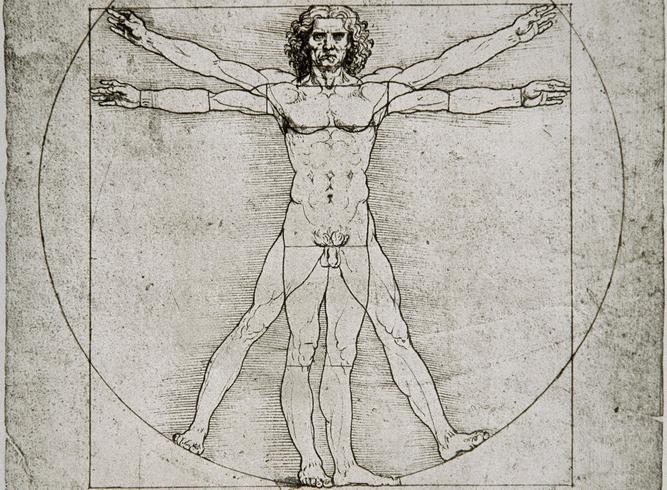 Pennetegning av naken mann. Med navlen som sentrum inntar figuren to posisjoner innenfor en sirkel og et kvadrat, én posisjon med ustrakte armer og bein, og én med samlede bein og hevede armer. Illustrasjon.