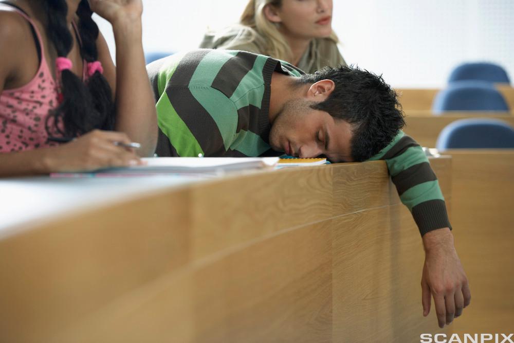 Ung mann sover under en forelesning. Foto.