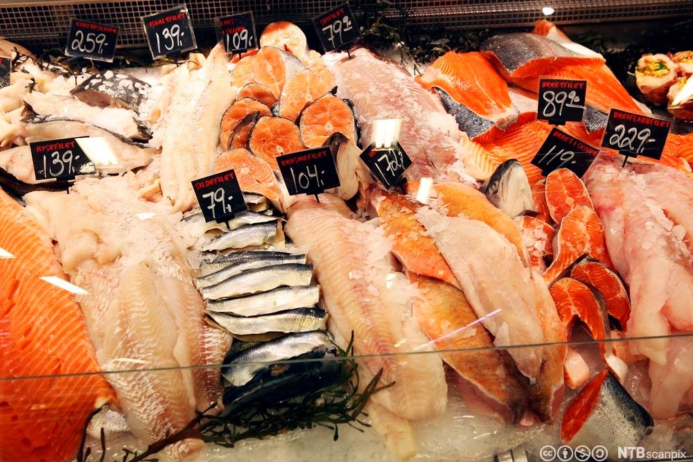 Fiskedisk med ulike typer fiskefileter og prisskilt. Foto.