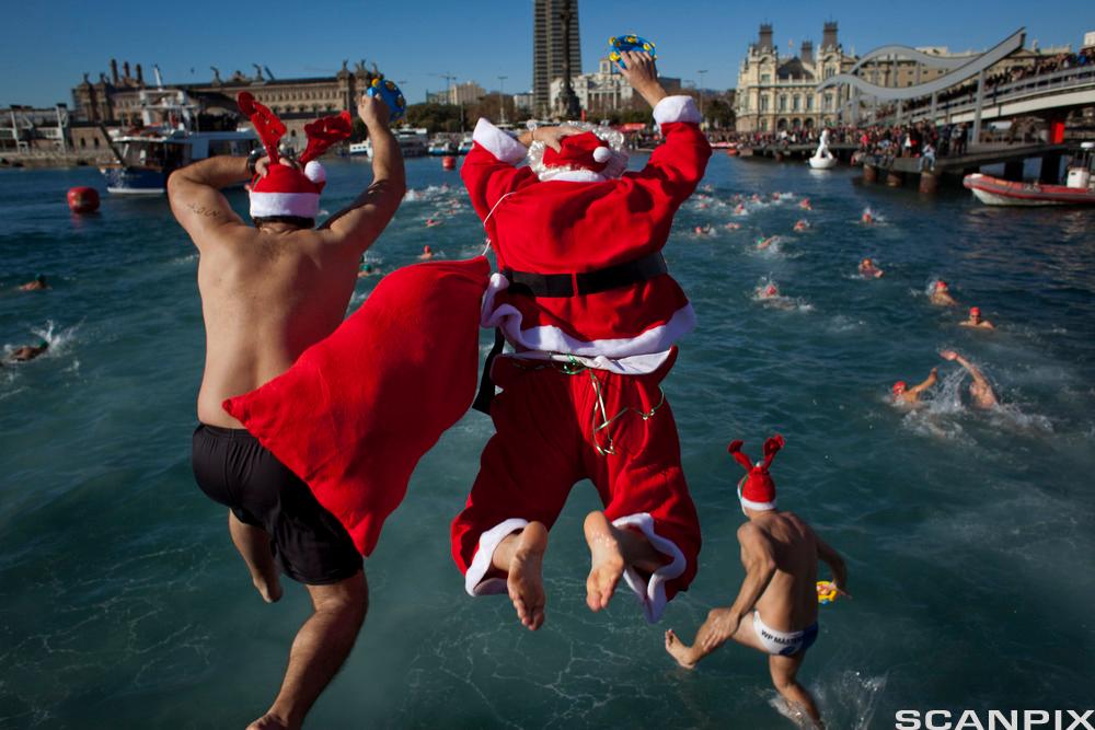 Tre menn hopper i vannet. Han i midten har julenissedrakt på, mens de to på sidene har på seg nisselue med reinsdyrgevir. Flere personer svømmer bort fra dem. Foto.