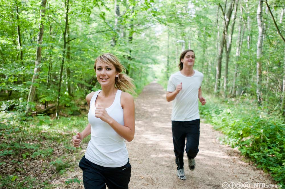To ungdommer jogger i skogen. Foto.