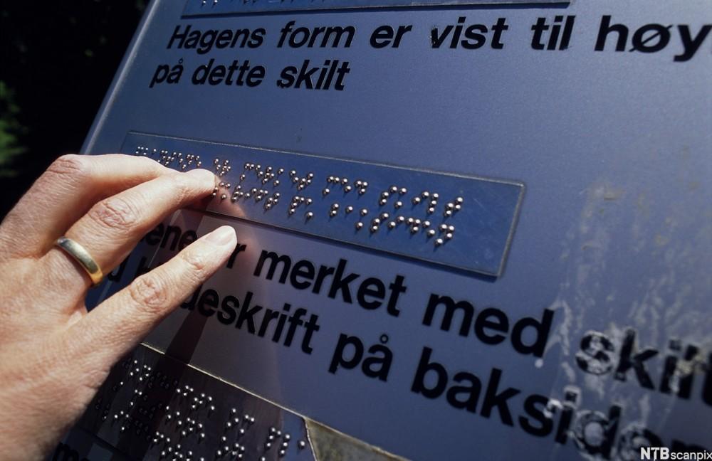 Hånd leser blindeskrift på informasjonstavle i Botanisk Hage på Tøyen i Oslo. Foto.