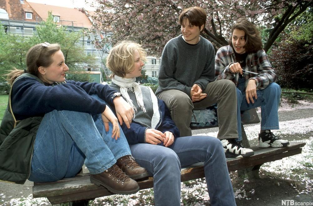  Fire ungdommer sitter på en benk ute i uformell samtale. Foto.