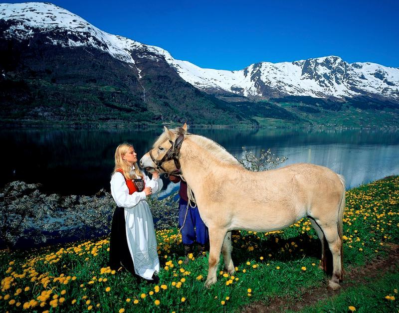 Norgesreklame: En bunadskledd ung kvinne med blondt hår står i en blomstereng ved fjorden og holder en fjordinghest. Høye fjell med snødekte topper, sol og blå himmel i bakgrunnen. Foto.