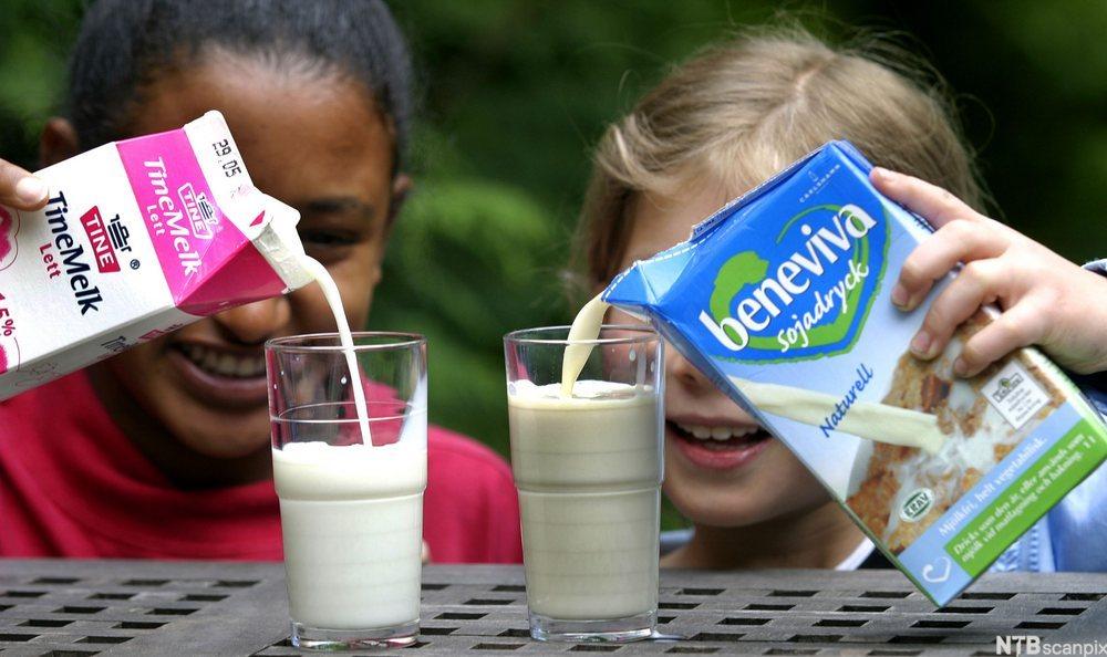 To barn heller melk i hvert sitt glass, en heller vanlig melk og en heller soyamelk. Foto.