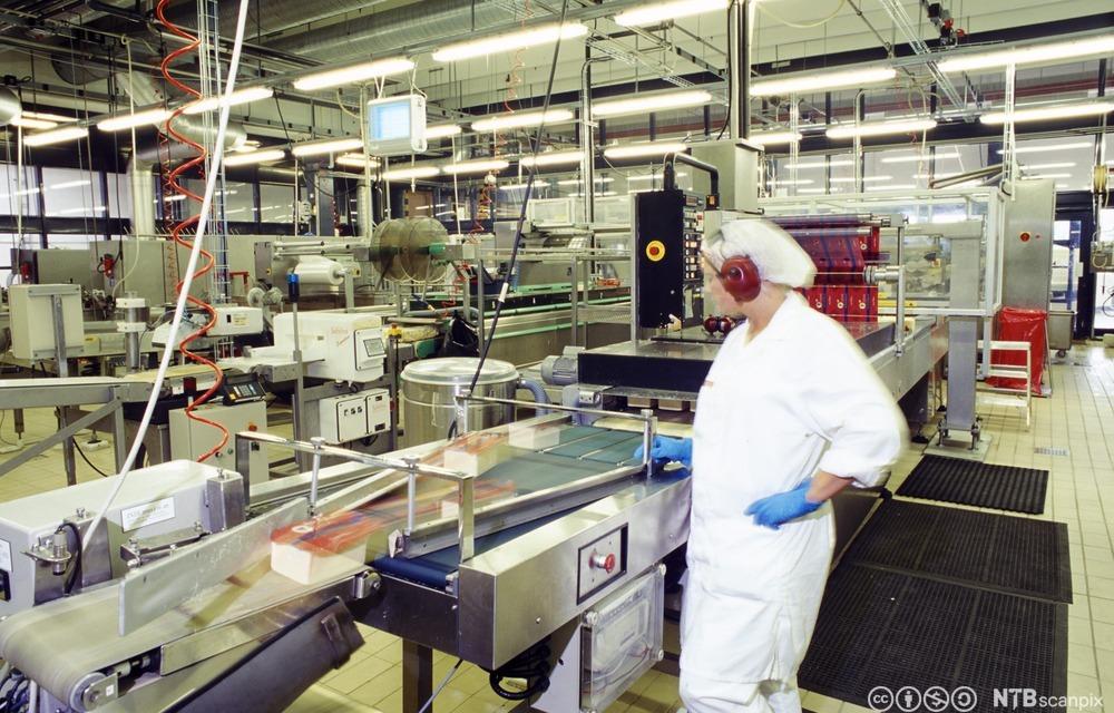En fagarbeider på et meieri står ved en maskin som emballerer ost. Foto.