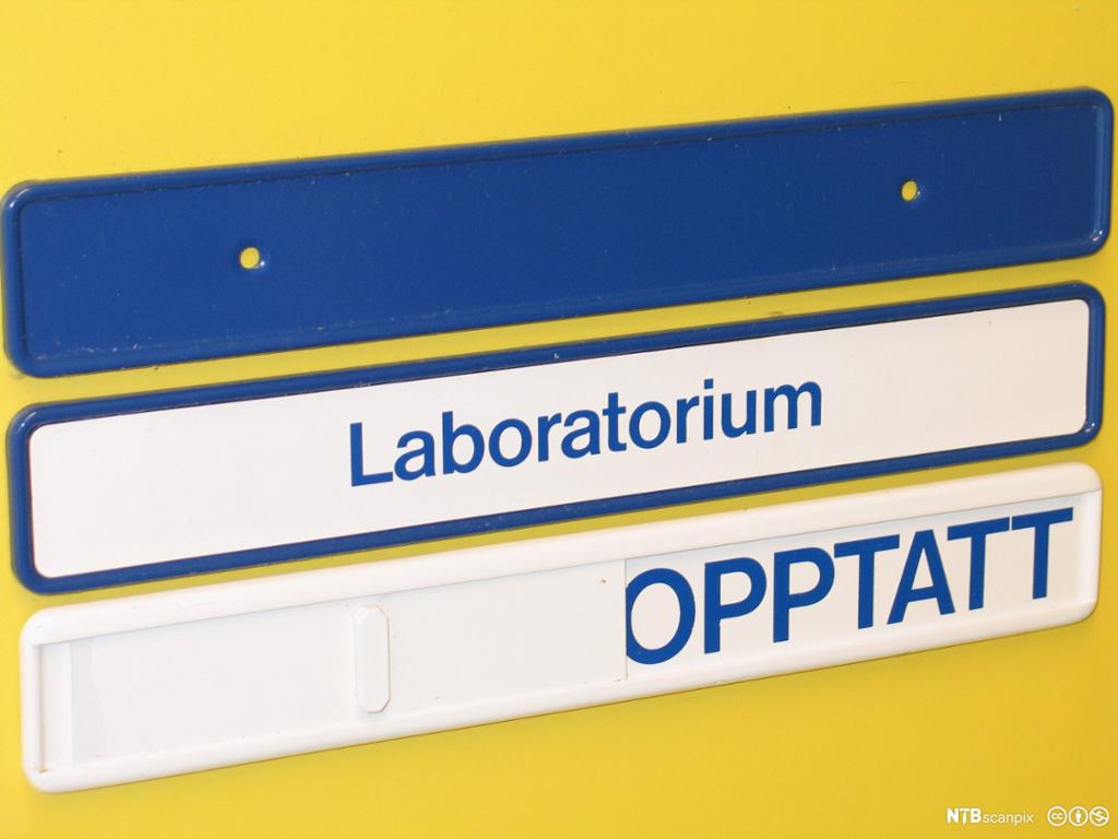 Skilt med opptatt. Gul dør på laboratorium. Foto.