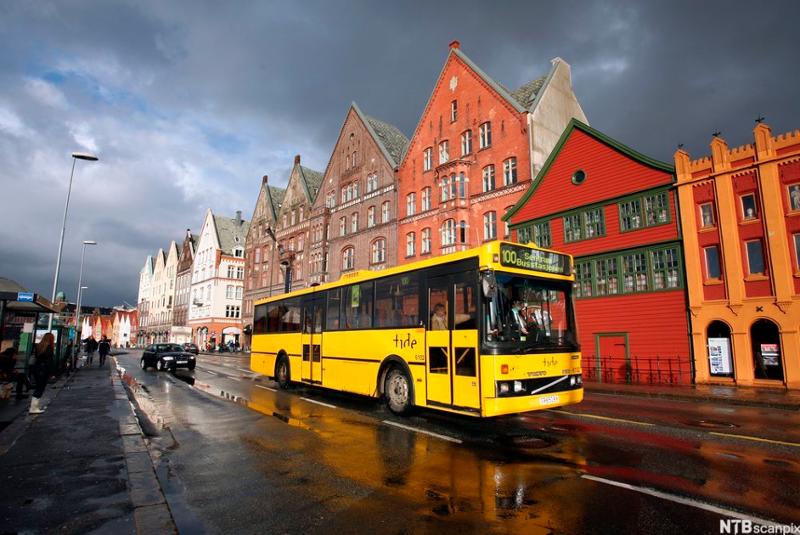 Gul buss ved bryggen i Bergen. Foto.