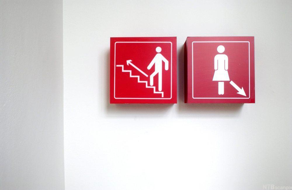 To skilt. De viser piktogrammer av en mann som går opp en trapp med en pil som peker opp, og en kvinne med en pil som peker ned. Foto.