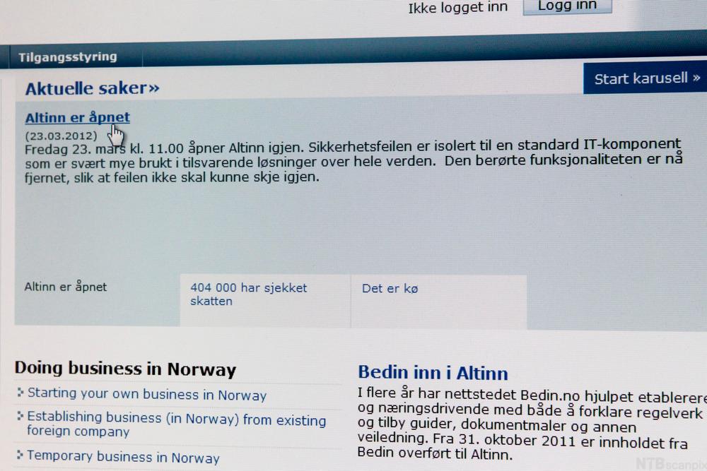 Utklipp fra Altinn etter at de fikk nettsiden opp igjen etter nedetid i 2012. Foto